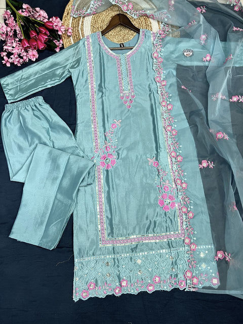Fancy women embroidered chiffon kurti pant with dupatta..