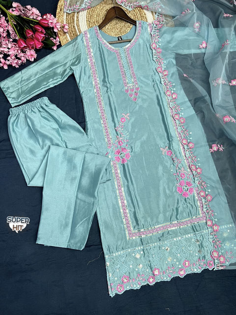 Fancy women embroidered chiffon kurti pant with dupatta..