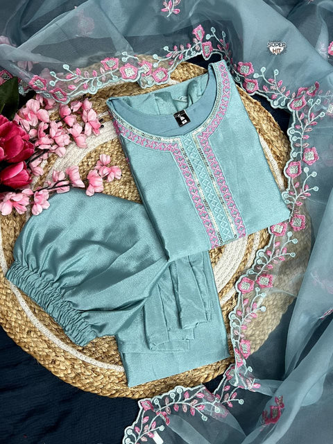 Fancy women embroidered chiffon kurti pant with dupatta..