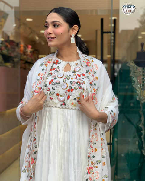 Our newly launched designer thread work beautiful anarkali pair in chinon fabric