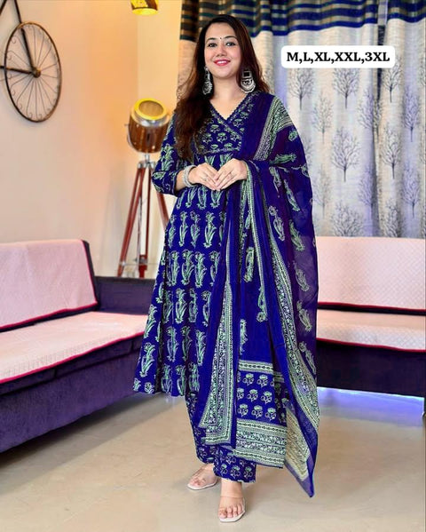 Bunaai Printed Designer A-Line Kurti With Pant & Dupatta Suit