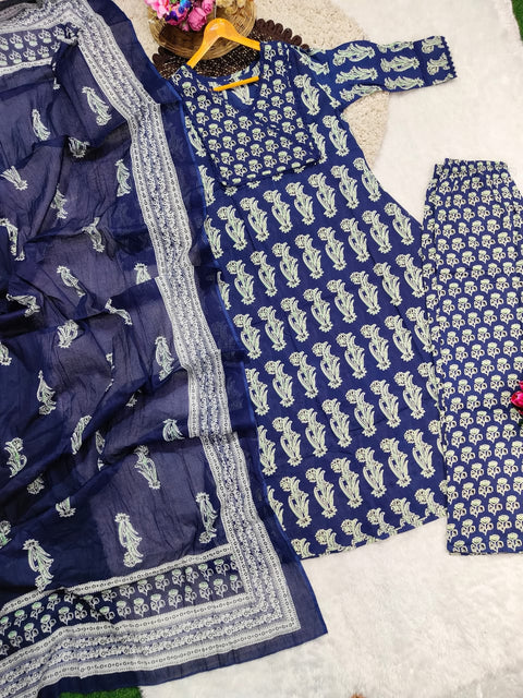 Bunaai Printed Designer A-Line Kurti With Pant & Dupatta Suit