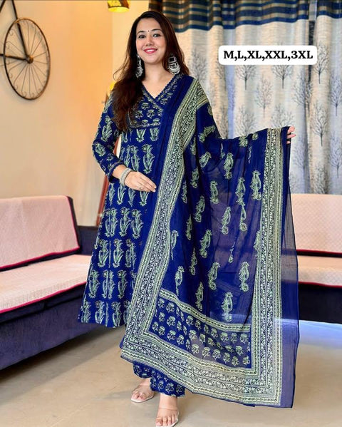 Bunaai Printed Designer A-Line Kurti With Pant & Dupatta Suit