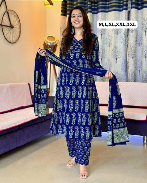 Bunaai Printed Designer A-Line Kurti With Pant & Dupatta Suit