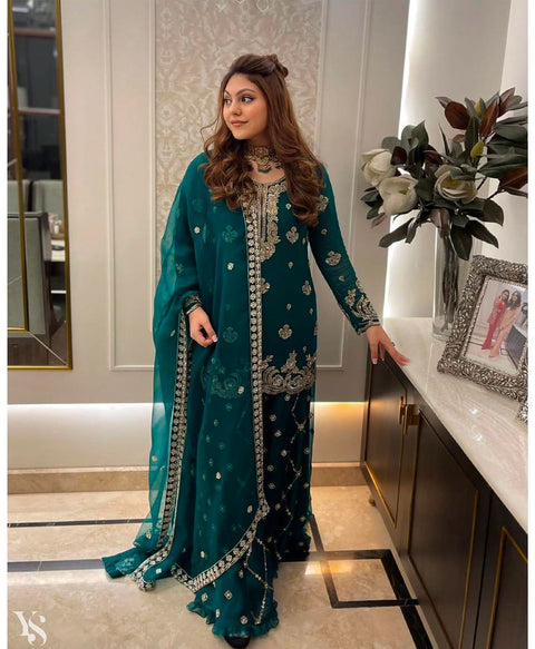 New Pure Fox Georgette Top-Sarara and Dupatta Suit Fully Stitched Ready To Wear