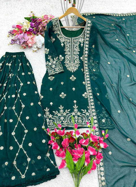 New Pure Fox Georgette Top-Sarara and Dupatta Suit Fully Stitched Ready To Wear
