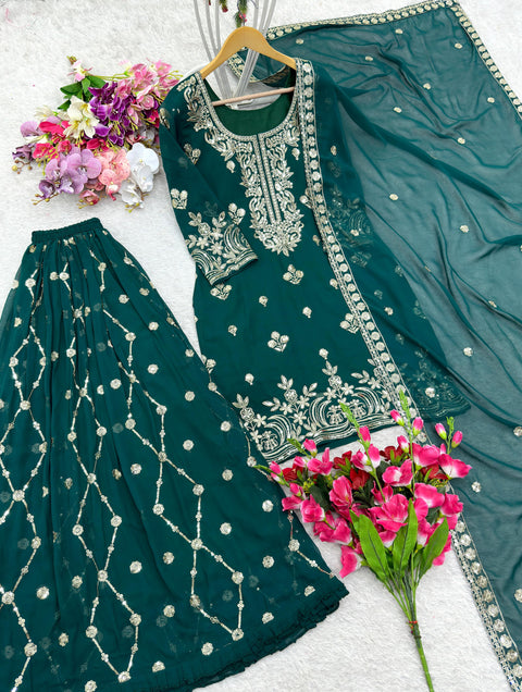 New Pure Fox Georgette Top-Sarara and Dupatta Suit Fully Stitched Ready To Wear