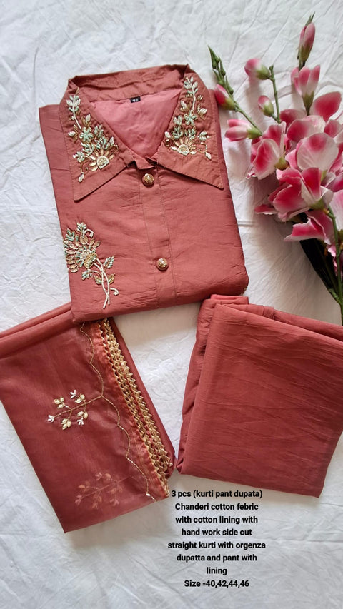 Heavy Chanderi cotton kurti pant with duptaa