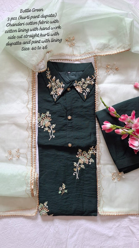 Heavy Chanderi cotton kurti pant with duptaa