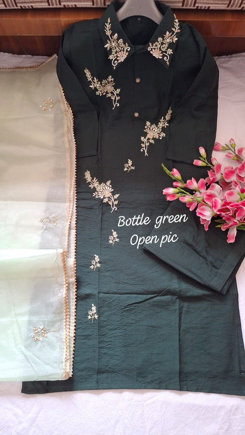 Heavy Chanderi cotton kurti pant with duptaa