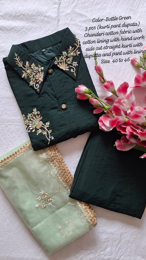 Heavy Chanderi cotton kurti pant with duptaa