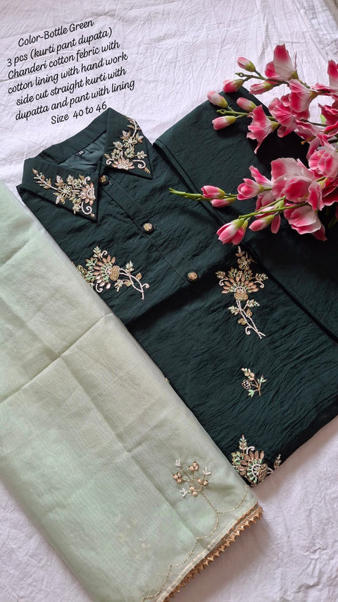 Heavy Chanderi cotton kurti pant with duptaa