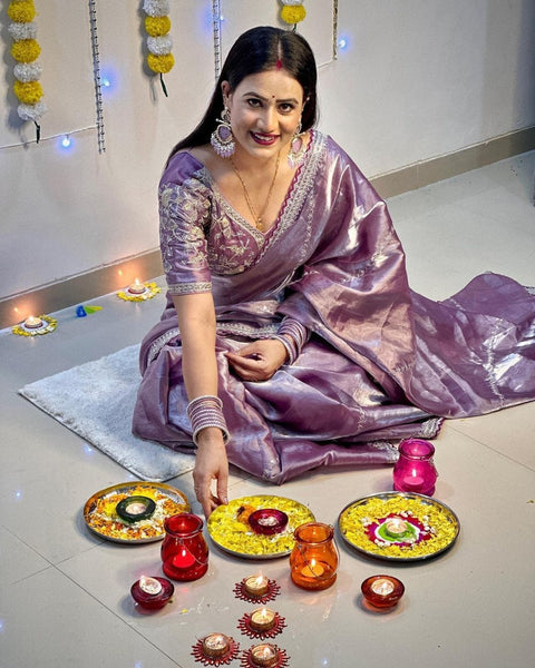 Lilac Mauve Soft Satin Organza Saree