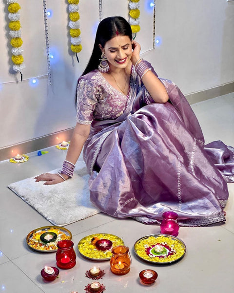 Lilac Mauve Soft Satin Organza Saree