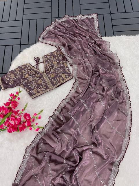 Lilac Mauve Soft Satin Organza Saree