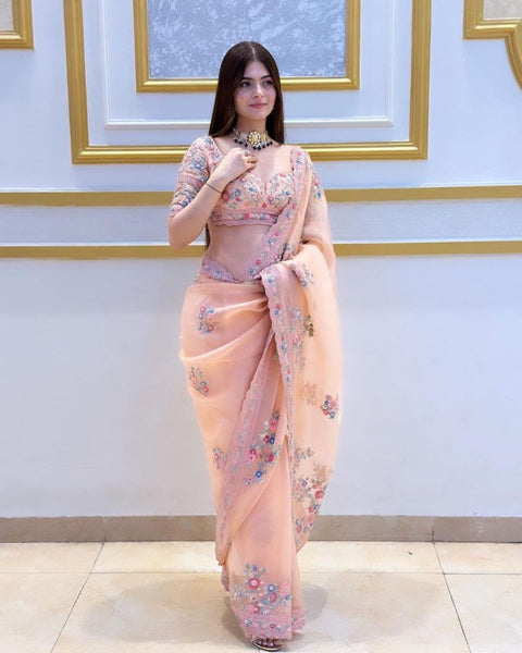 ORGANZA FABRIC digital print WITH handwork WORK IN SAREE WITH cutwork