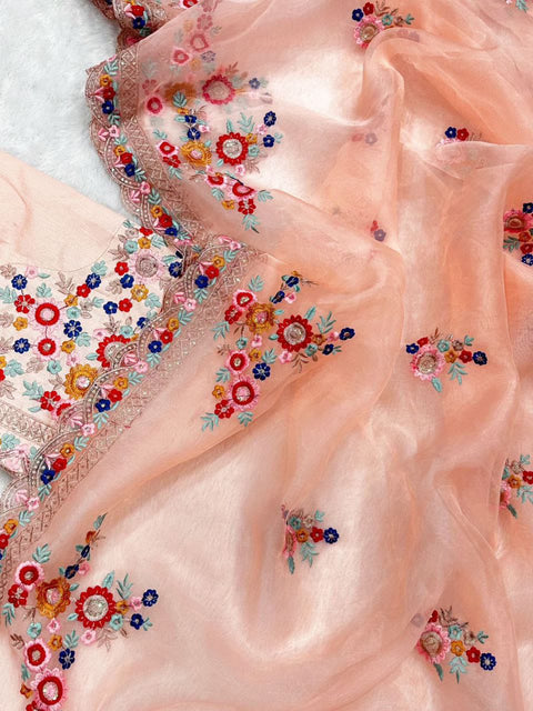 ORGANZA FABRIC digital print WITH handwork WORK IN SAREE WITH cutwork
