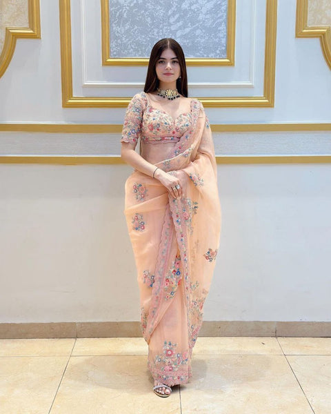 ORGANZA FABRIC digital print WITH handwork WORK IN SAREE WITH cutwork
