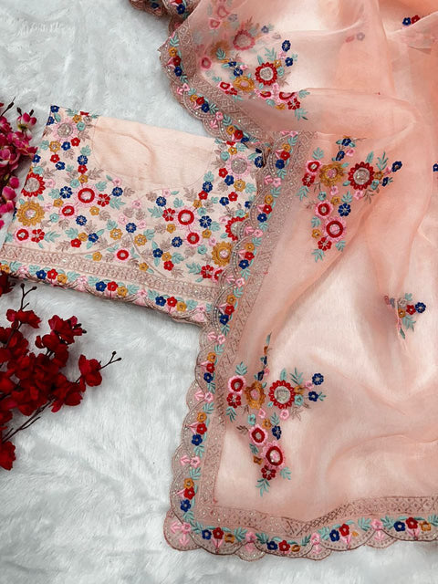 ORGANZA FABRIC digital print WITH handwork WORK IN SAREE WITH cutwork