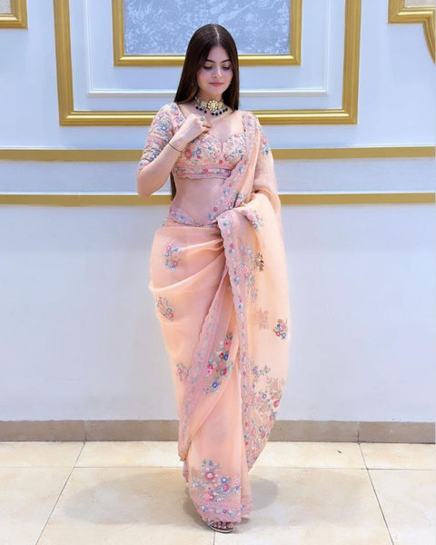 ORGANZA FABRIC digital print WITH handwork WORK IN SAREE WITH cutwork