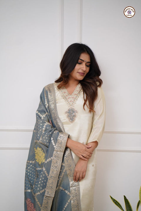 Sequence Embroidered Silk Blend Kurti With Pant And Crochet Worked