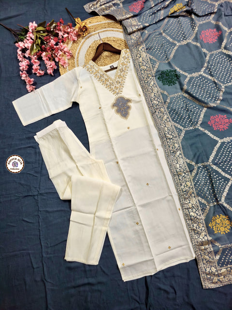 Sequence Embroidered Silk Blend Kurti With Pant And Crochet Worked