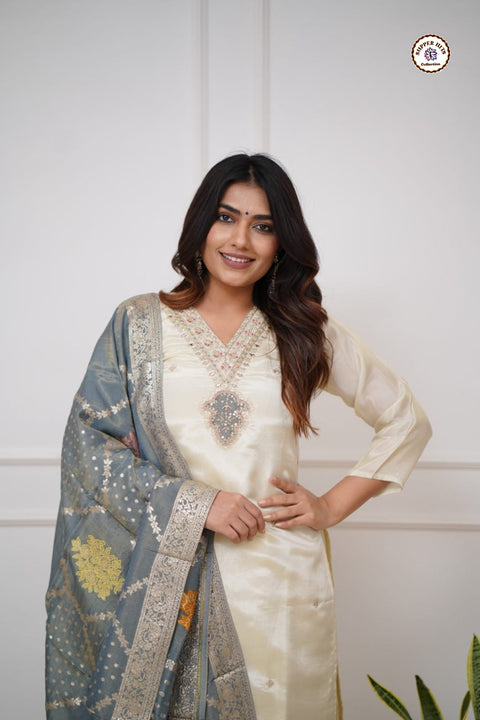 Sequence Embroidered Silk Blend Kurti With Pant And Crochet Worked