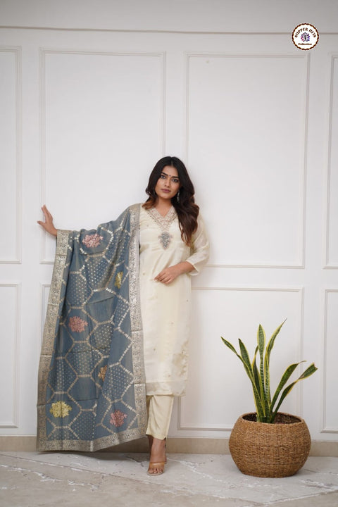 Sequence Embroidered Silk Blend Kurti With Pant And Crochet Worked