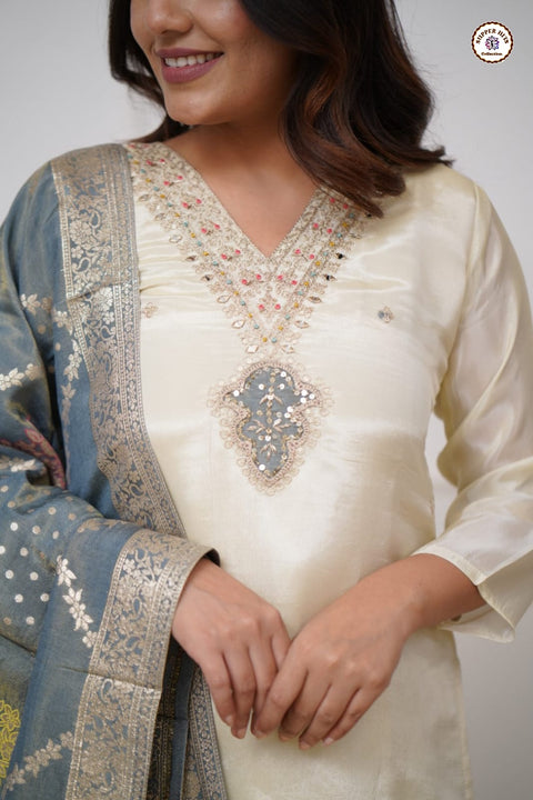 Sequence Embroidered Silk Blend Kurti With Pant And Crochet Worked