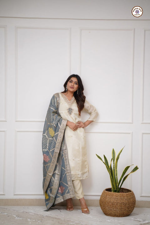 Sequence Embroidered Silk Blend Kurti With Pant And Crochet Worked