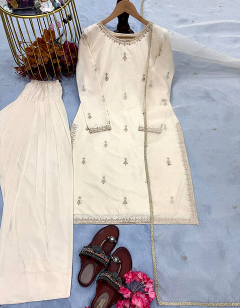 Elegant Satin Embroidered Top with Farshi Plazzo & Organza Dupatta