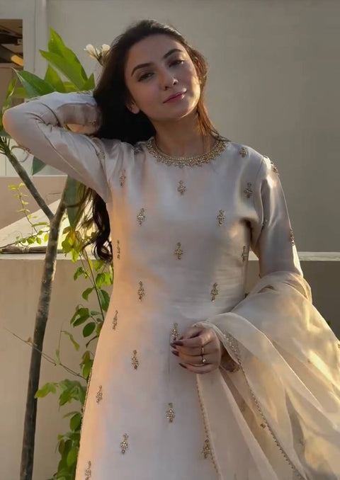 Elegant Satin Embroidered Top with Farshi Plazzo & Organza Dupatta