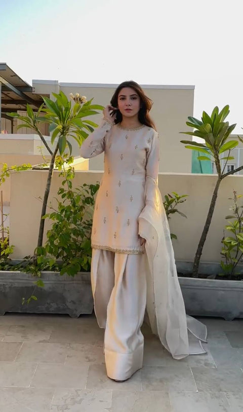 Elegant Satin Embroidered Top with Farshi Plazzo & Organza Dupatta