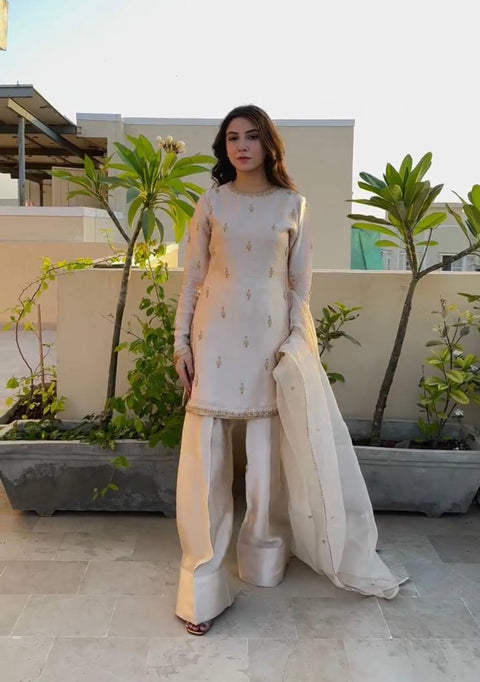 Elegant Satin Embroidered Top with Farshi Plazzo & Organza Dupatta