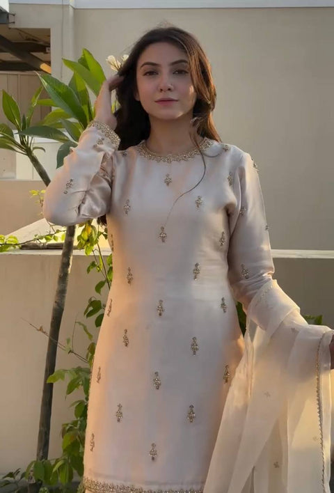 Elegant Satin Embroidered Top with Farshi Plazzo & Organza Dupatta