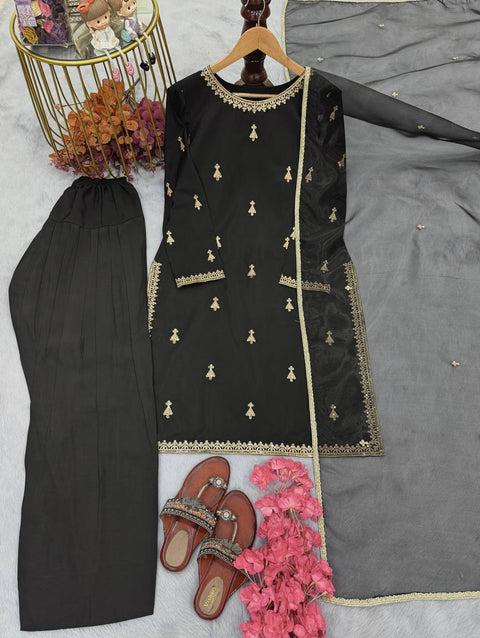 Elegant Satin Embroidered Top with Farshi Plazzo & Organza Dupatta