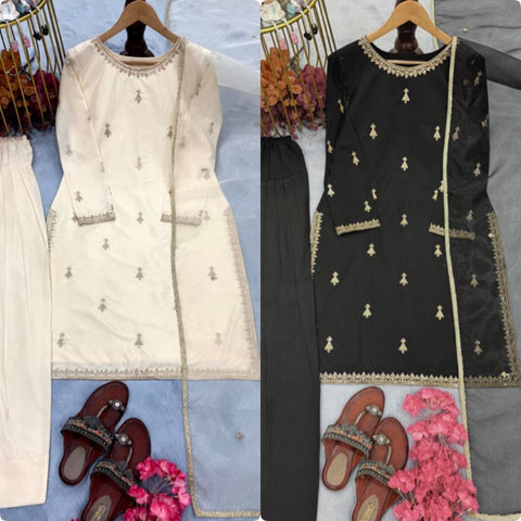 Elegant Satin Embroidered Top with Farshi Plazzo & Organza Dupatta