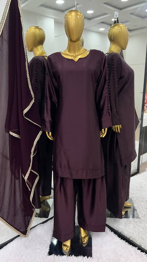 Wonderful Wine Color Japan Satin With Full Sleeve Salwar Suit