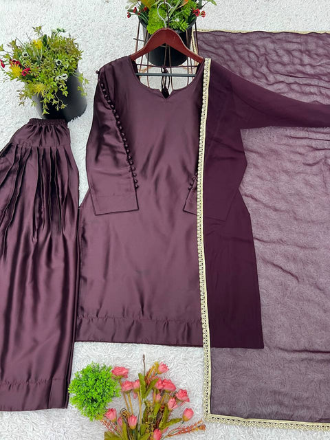 Wonderful Wine Color Japan Satin With Full Sleeve Salwar Suit