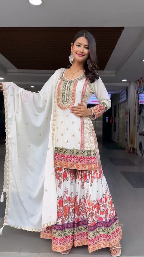 New Embroidered Heavy Chinon Silk Kurti With palazzo And Dupatta