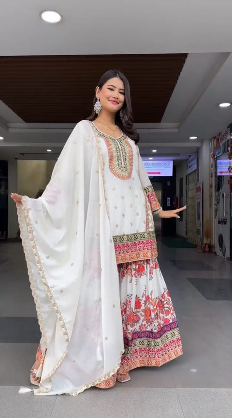 New Embroidered Heavy Chinon Silk Kurti With palazzo And Dupatta