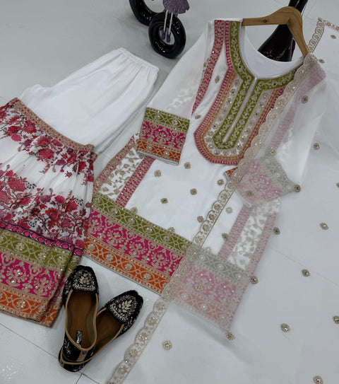 New Embroidered Heavy Chinon Silk Kurti With palazzo And Dupatta