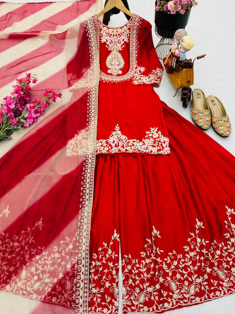 Very Beautiful Heavy Embroidered Party wear Top Sharara & dupatta suit