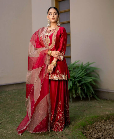Very Beautiful Heavy Embroidered Party wear Top Sharara & dupatta suit