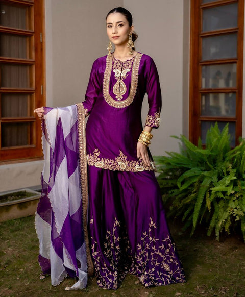 Very Beautiful Heavy Embroidered Party wear Top Sharara & dupatta suit