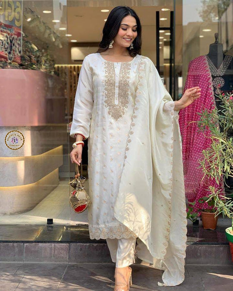 Embroidery viscos jacqurd kurti and pent chanderi dupatta suit