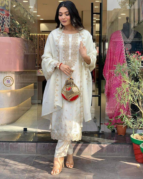 Embroidery viscos jacqurd kurti and pent chanderi dupatta suit