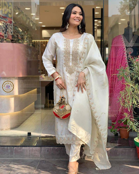 Embroidery viscos jacqurd kurti and pent chanderi dupatta suit
