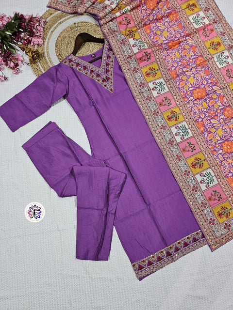 Chanderi Viscose Fabric Embroidered Kurti With Bottom & Dupatta Suit
