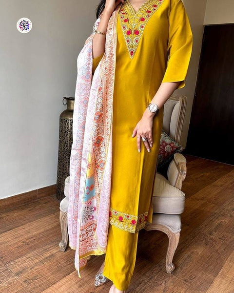 Chanderi Viscose Fabric Embroidered Kurti With Bottom & Dupatta Suit
